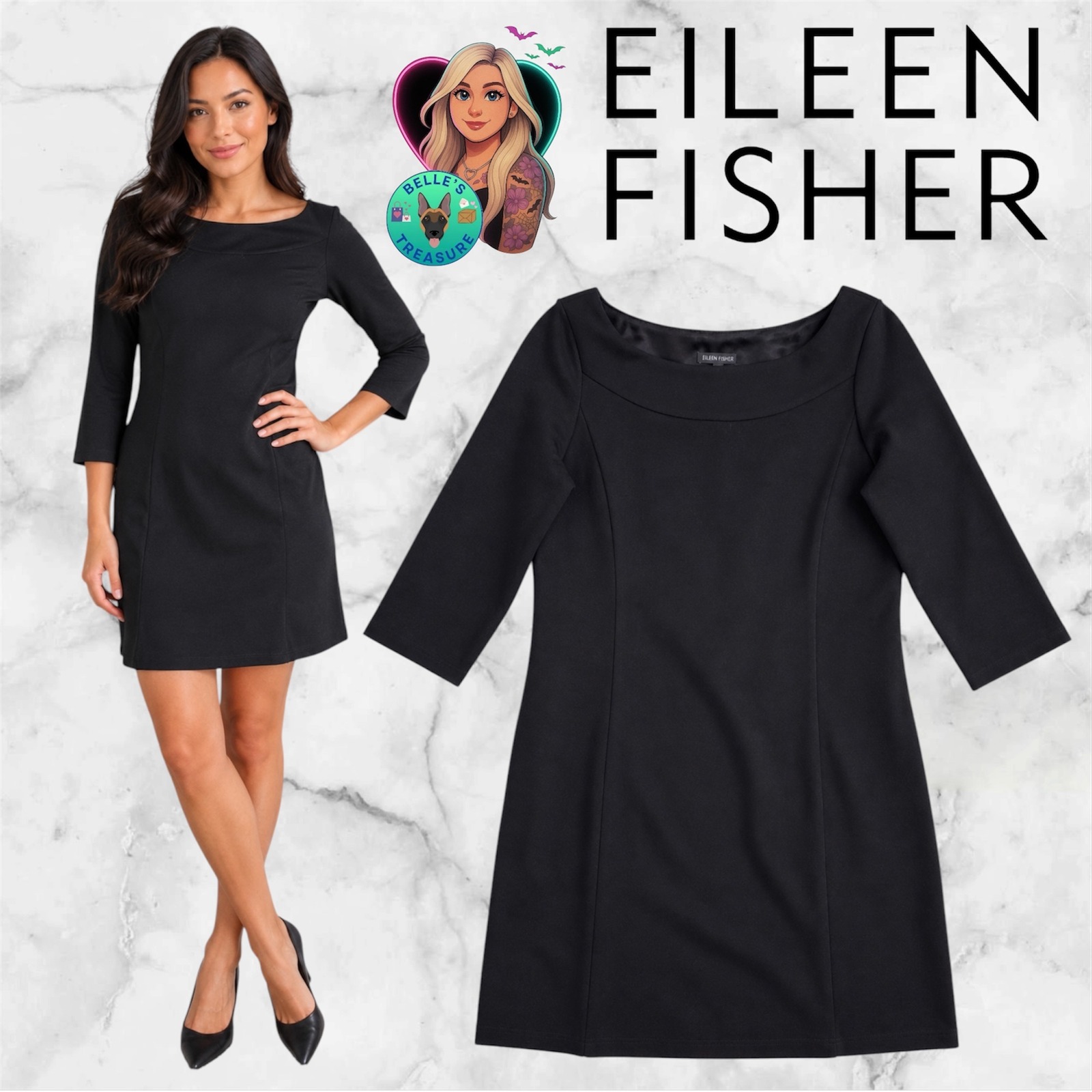 Eileen Fisher Dress Medium Black Italian Fabric Event Career Minimalist Luxury